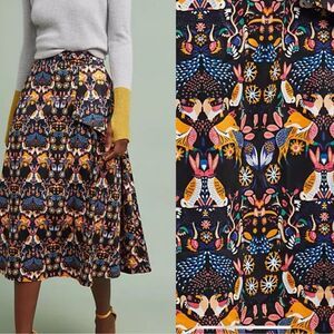 Anthropologie Black Multicolor A-Line Printed Midi Skirt